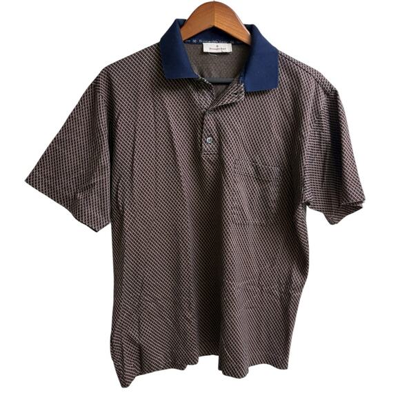 Vintage Ermenegildo Zegna Brown Patterened Knit Pullover Navy Collar Accent ~L - Picture 2 of 7